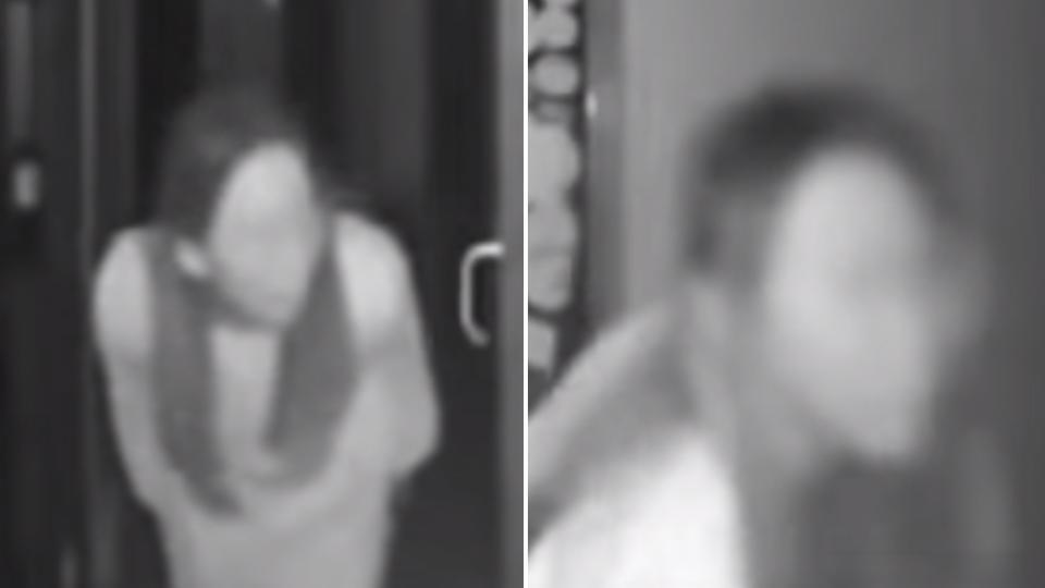 Footage shows the unidentified woman moving her mouth after leaning close to the handles of two doors. Source: KNews