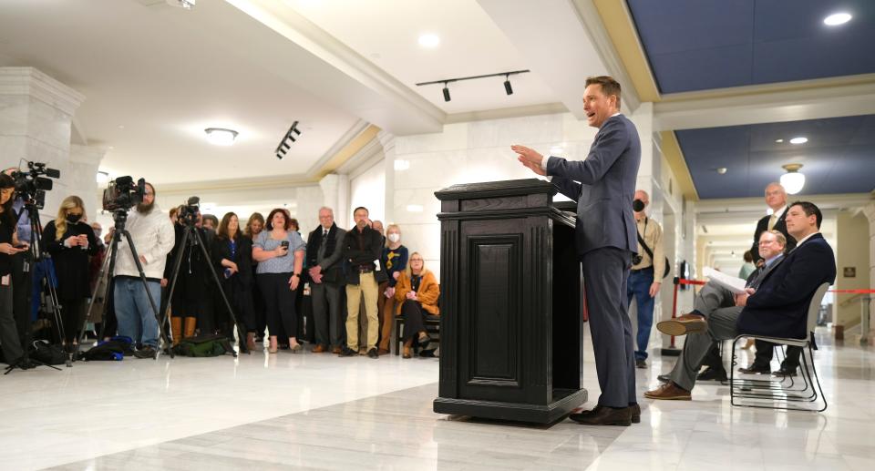 Lt. Gov. Matt Pinnell speaks at the opening of the Oklahoma State Capitol Museum on March 22.