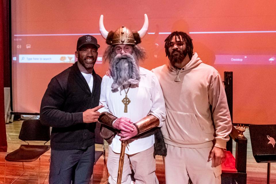 Former San Diego Charger Stephen Cooper, Hodor the Viking, and current Seattle Seahawks LB Joshua Onujiogu at Wareham High School on "A Night to Remember."