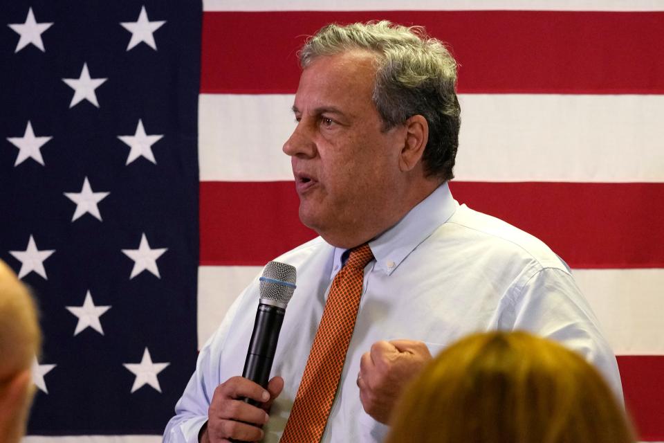 Republican presidential candidate former New Jersey Gov. Chris Christie addresses a gathering during a campaign event at V.F.W. Post 1631, Monday, July 24, 2023, in Concord, N.H.