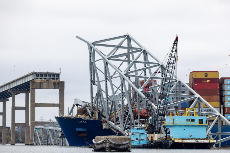 Wreckage from collapsed Francis Scott Key Bridge rests on cargo ship Dali (Getty Images)