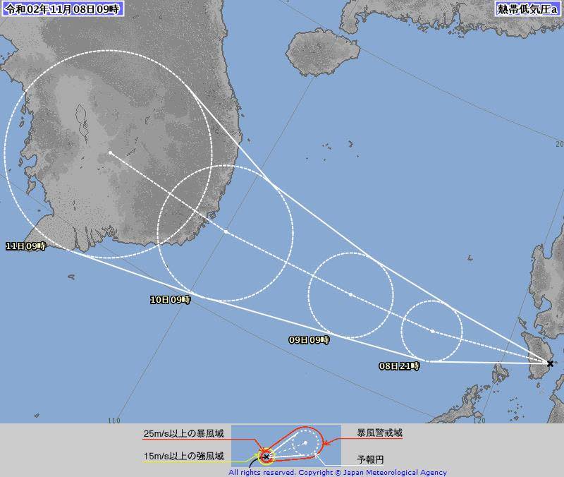 日本氣象廳預估該熱帶低壓有機會於明後2天發展出第21號颱風「艾陶」   圖：翻攝自日本氣象廳