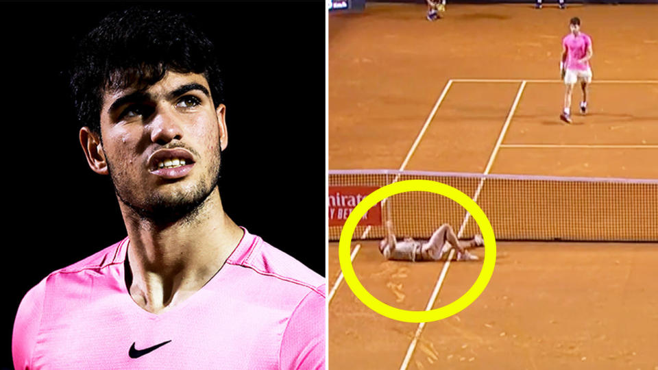 Carlos Alcaraz (pictured left) reacting during The Rio Open and (pictured right) Alcaraz helping Fabio Fognini.