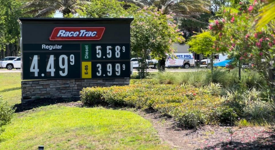 A sign in front of the RaceTrac gas station on the corner of Williamson Boulevard and Beville Road in Daytona Beach lists its fuel prices as of midday Monday, May 16, 2022. The average price for regular gas hit an all-time high of $4.49 a gallon on Monday for the Volusia-Flagler area, according to AAA Auto Club.
