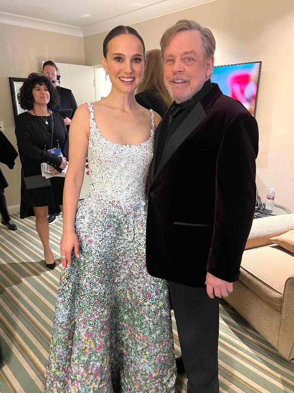 <p>Mark Hamill/X</p> Natalie Portman and Mark Hamill at Golden Globes on Jan. 7, 2024.