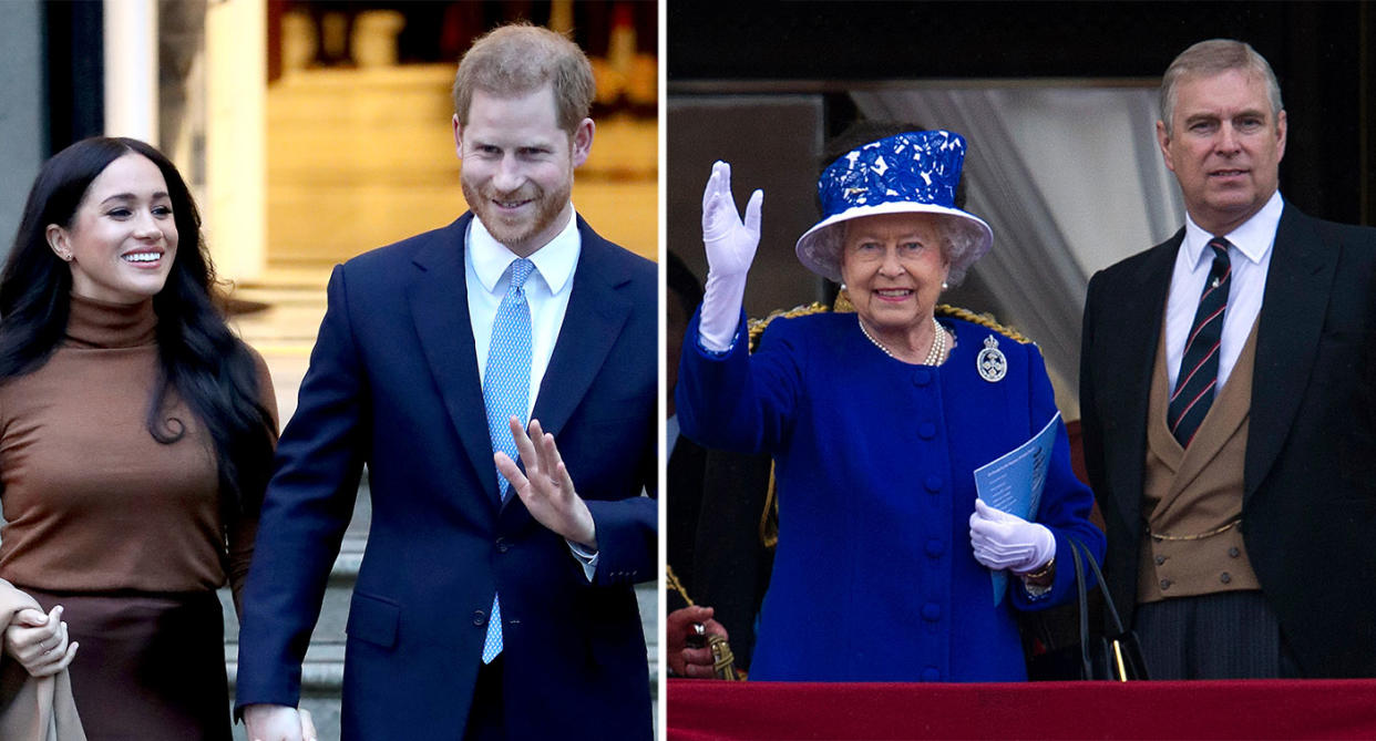 Prince Harry and Meghan Markle; The Queen with Prince Andrew. (Getty)