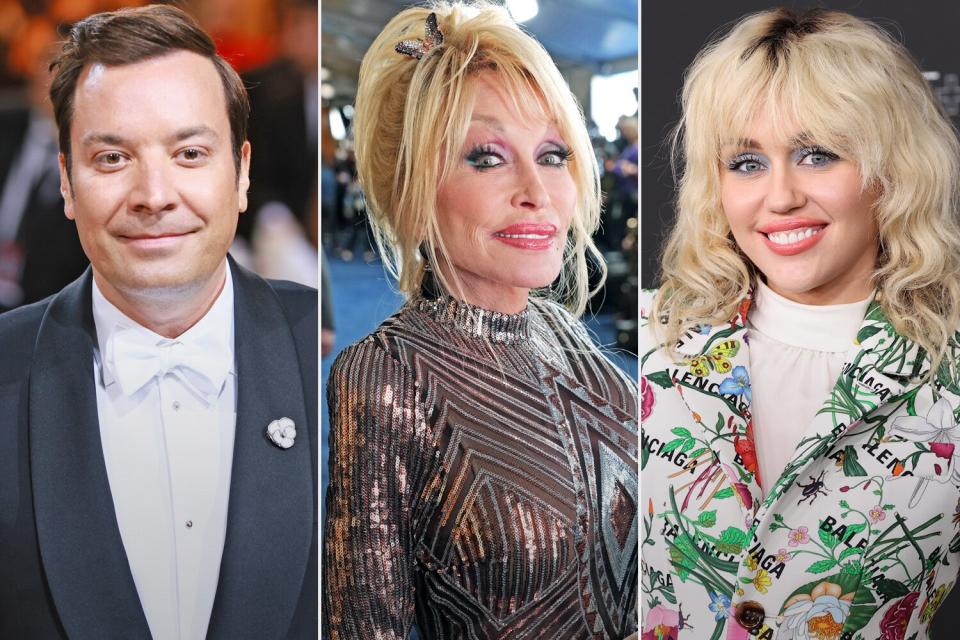 Jimmy Fallon attends The 2022 Met Gala Celebrating "In America: An Anthology of Fashion" at The Metropolitan Museum of Art on May 02, 2022 in New York City. (Photo by Theo Wargo/WireImage); Dolly Parton attends the 57th Academy of Country Music Awards at Allegiant Stadium on March 07, 2022 in Las Vegas, Nevada. (Photo by Kevin Mazur/Getty Images for ACM); Miley Cyrus attends the 10th Annual LACMA ART+FILM GALA presented by Gucci at Los Angeles County Museum of Art on November 06, 2021 in Los Angeles, California. (Photo by Amy Sussman/WireImage)