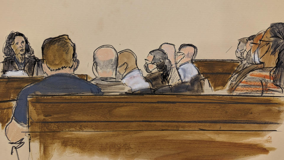 In this courtroom sketch, in federal court in New York, Thursday, Jan. 26, 2023, Courtroom Deputy Leyni Rodriguez, far left, polls the jury after she read the guilty verdict of Sayfullo Saipov. Saipov, an Islamic extremist who killed eight in a New York bike path attack, was convicted of federal crimes and could face the death penalty. (AP Photo/Elizabeth Williams)