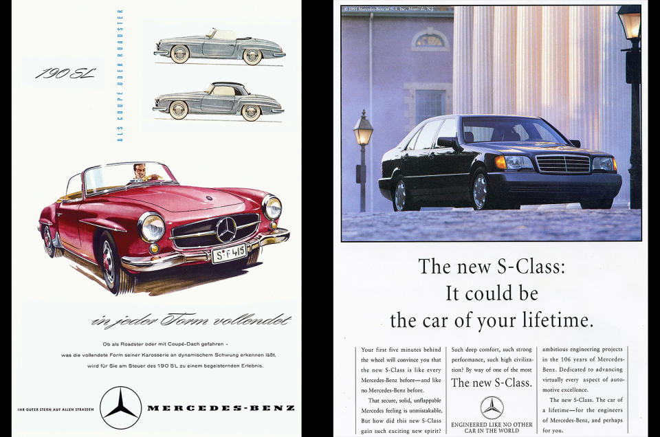 <p>During the Second World War the factories of <strong>Daimler-Benz </strong>were heavily bombed, but by the mid-‘50s the company was getting back on its feet. And with the <strong>190 SL </strong>and <strong>300 SL</strong>, it had two glamorous models with which to mark the occasion. Not only did it have the cars, but it had a single slogan to cover the whole range for the first time as it eyed English-speaking export markets: '<strong>Engineered like no other car in the world'</strong>.</p><p>The slogan would go on to be used for decades in most of the world, including the <strong>UK </strong>and <strong>America</strong>. It was simple, effective and frankly factual. At a time when overall car reliability was very low compared to the cars of today, Mercedes cars did seem to be made that much better and proved more dependable. So Mercedes left it unchanged until the ‘90s, where it was used to once again underscore the marketing message behind the 1992<strong> S-Class W140</strong> (right), arguably the most masterfully over-engineered Benz ever made.</p>