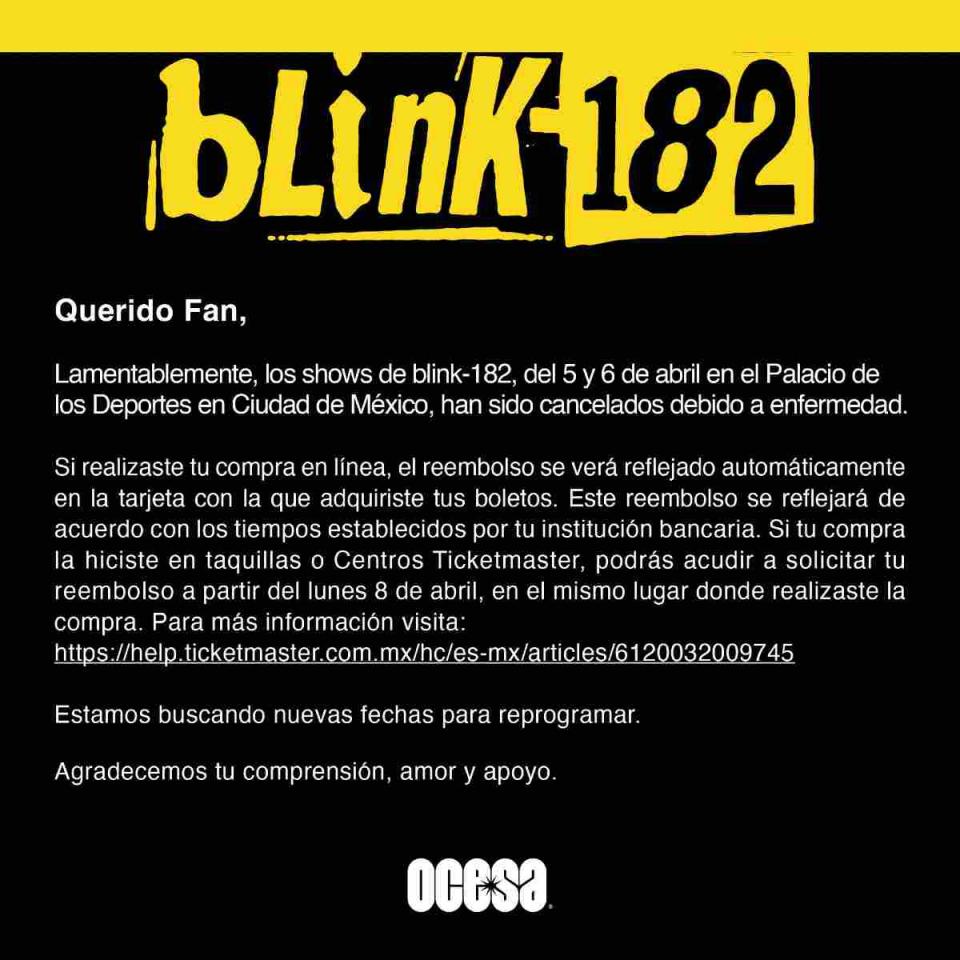 blink 182 cancela conciertos