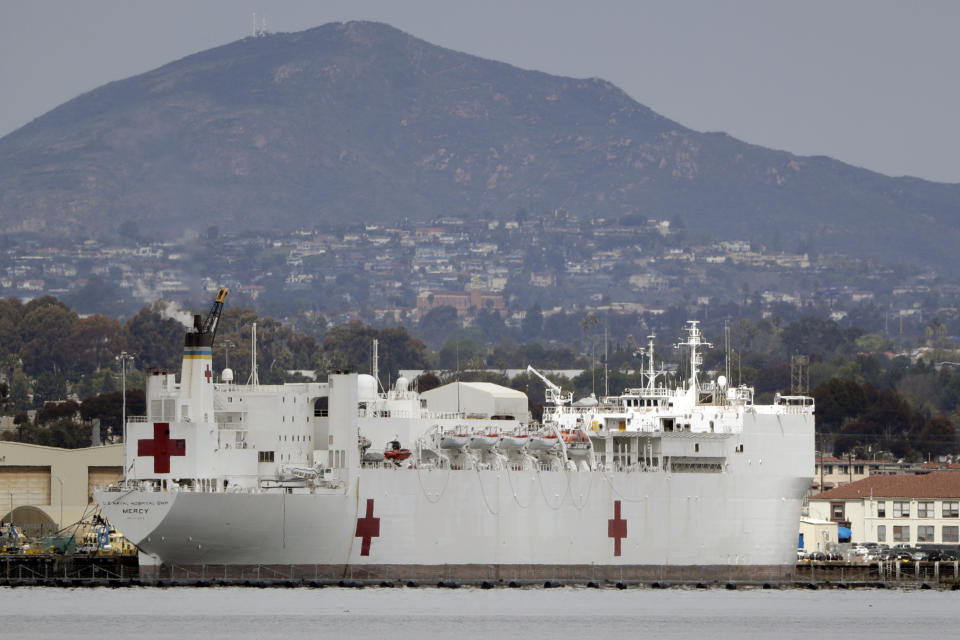 The USNS Mercy docked at Naval Base San Diego on Wednesday