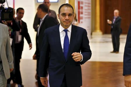 Jordan's Prince Ali Bin Al Hussein, FIFA presidential candidate, attends the Soccerex Asian Forum on developing the business of football in Asia at the King Hussein Convention Center at the Dead Sea, Jordan, May 4, 2015. REUTERS/Muhammad Hamed