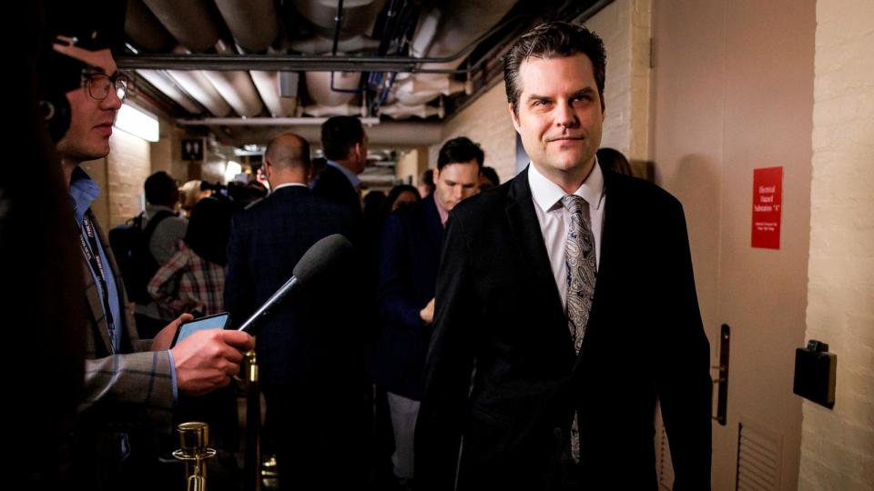 PHOTO: Rep. Matt Gaetz walks past reporters as he leaves a House GOP caucus meeting at the U.S Capitol, on April 10, 2024, in Washington, D.C. (Samuel Corum/Getty Images)
