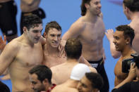 Team United States celebrate after winning the men's 4x100-meter medley relay at the World Swimming Championships in Fukuoka, Japan, Sunday, July 30, 2023. (AP Photo/David J. Phillip)