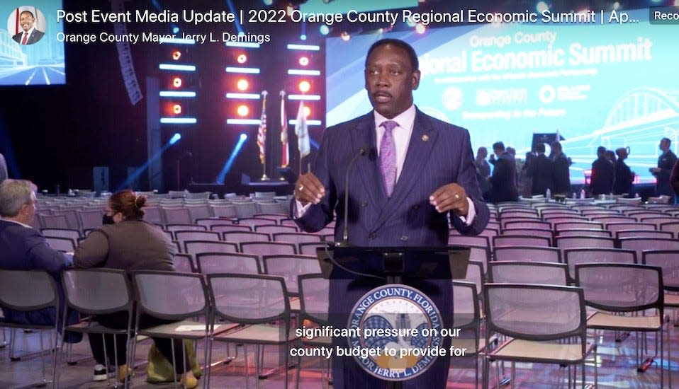 Orange County Mayor Jerry Demings discusses impacts of the Florida Legislature's action on the Reedy Creek Improvement District during a news conference Thursday, following the annual Orange County Regional Economic Summit in Orlando.