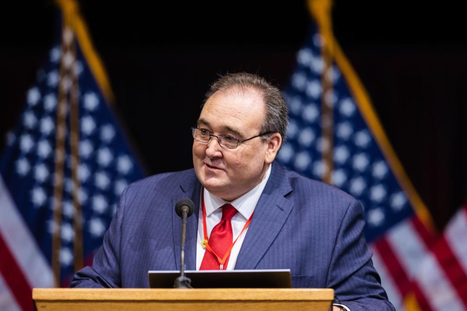 Utah Republican State Party treasurer candidate Patrick Russo speaks during the Utah Republican Party Organizing Convention at Utah Valley University in Orem on April 22, 2023. | Ryan Sun, Deseret News