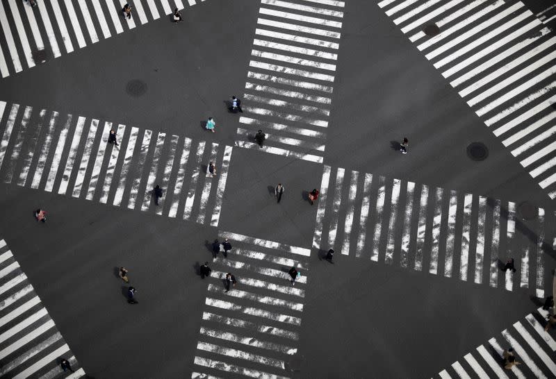 Less than usual passersby are seen at a pedestrian crossing at Ginza shopping and amusement district during the outbreak of coronavirus disease in Tokyo