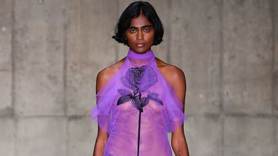 David Koma was just one of many designers to feature barely-there sheer tulle and mesh in his collection. - Giovanni Giannoni/WWD/Getty Images