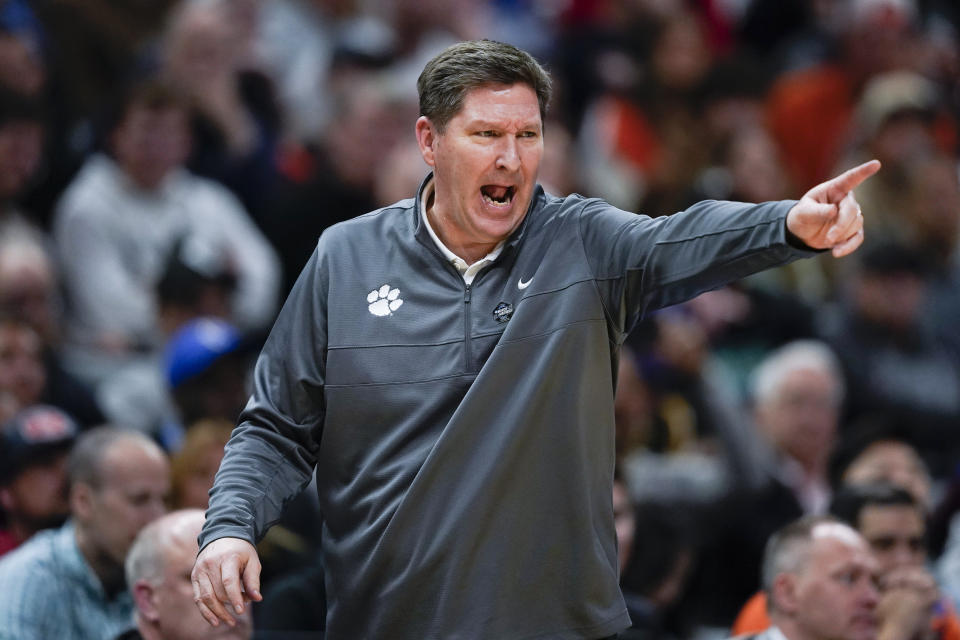 Clemson head coach Brad Brownell gestures from the bench during the first half of an Elite 8 college basketball game against Alabama in the NCAA tournament Saturday, March 30, 2024, in Los Angeles. (AP Photo/Ryan Sun)