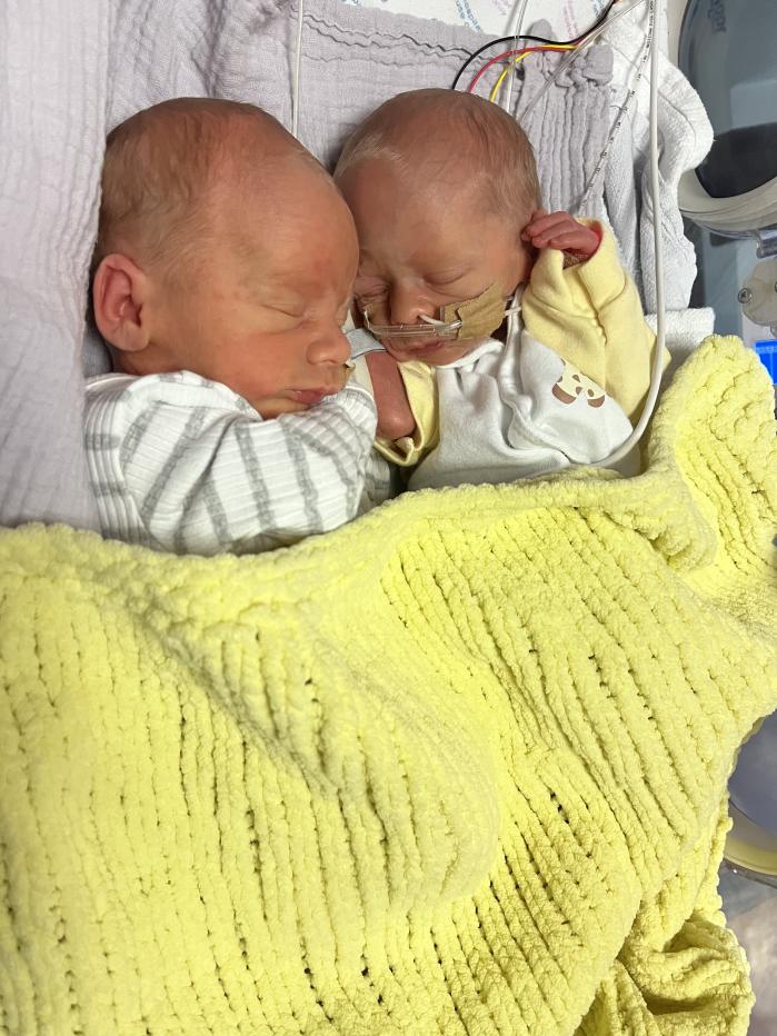 Corinne Rose suddenly went into labour and welcomed twin boys Grayson (left) and Neo (right) Cattanach. (Corinne Rose/SWNS)