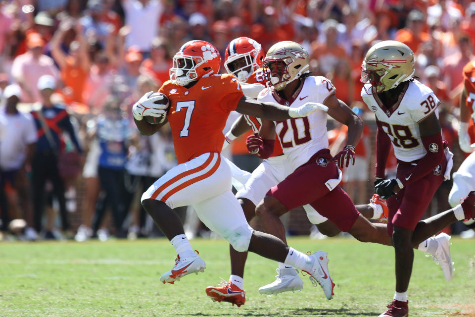 CLEMSON, SC - SEPTEMBER 23: Clemson Tigers running back Phil Mafah (7) during a college football game between the Florida State Seminoles and the Clemson Tigers on September 23, 2023, at Clemson Memorial Stadium in Clemson, S.C.  (Photo by John Byrum/Icon Sportswire via Getty Images)