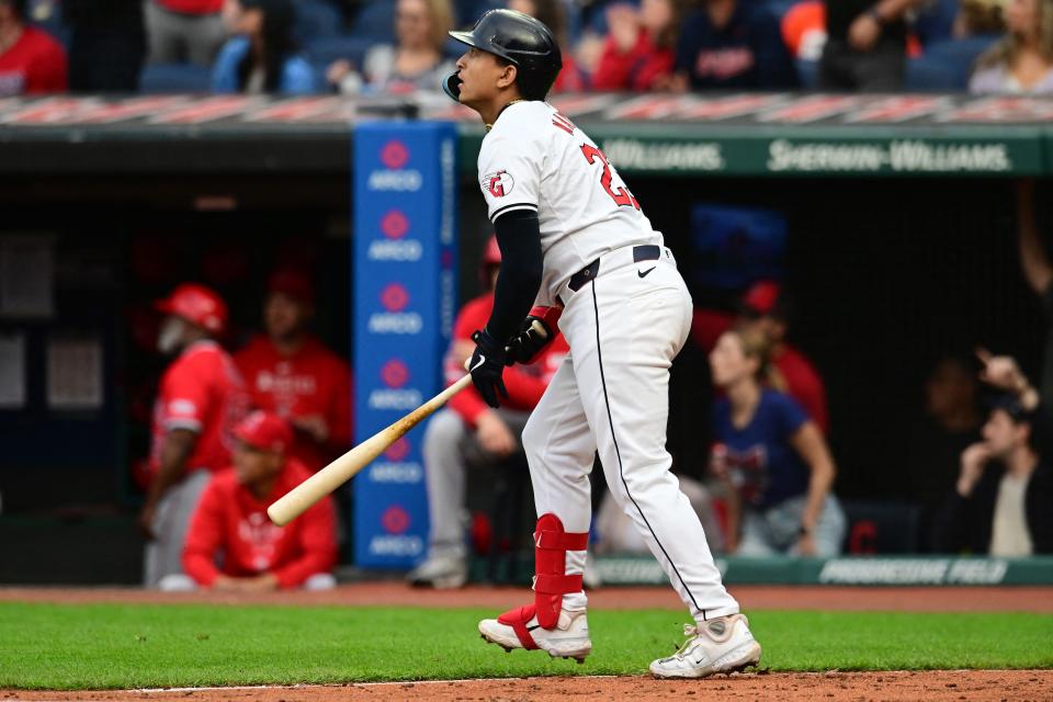 Guardians designated hitter Bo Naylor watches the flight of his sixth-inning grand slam against the Angels, May 4, 2024, in Cleveland.