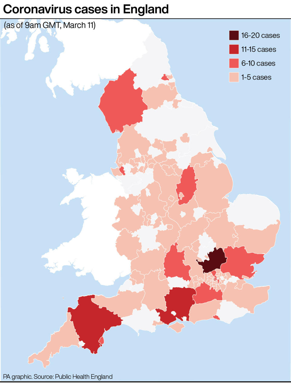 Coronavirus cases in England. See story HEALTH Coronavirus. Infographic PA Graphics