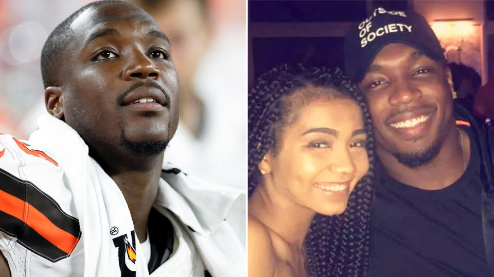 On the right is a photo of former NFL player Chris Smith and his late girlfriend Petara Cordero in 2019.
