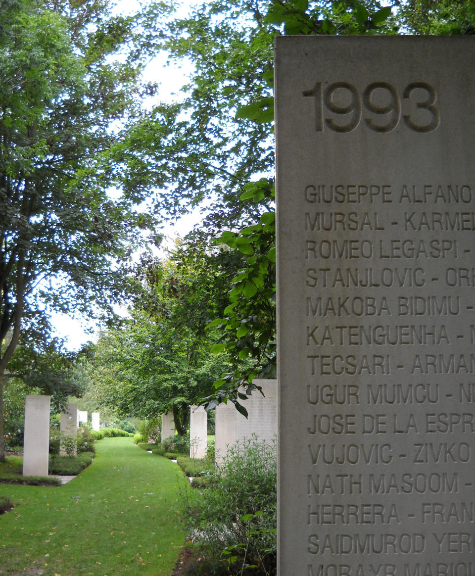 This Oct. 12, 2013 photo shows the names of Journalists killed while covering conflicts memorialized on stone markers at the reporters’ memorial in Bayeux, France. Each year, the small town honors international war correspondents by giving out the Prix Bayeux-Calvados. (AP Photo/Kathy Matheson)