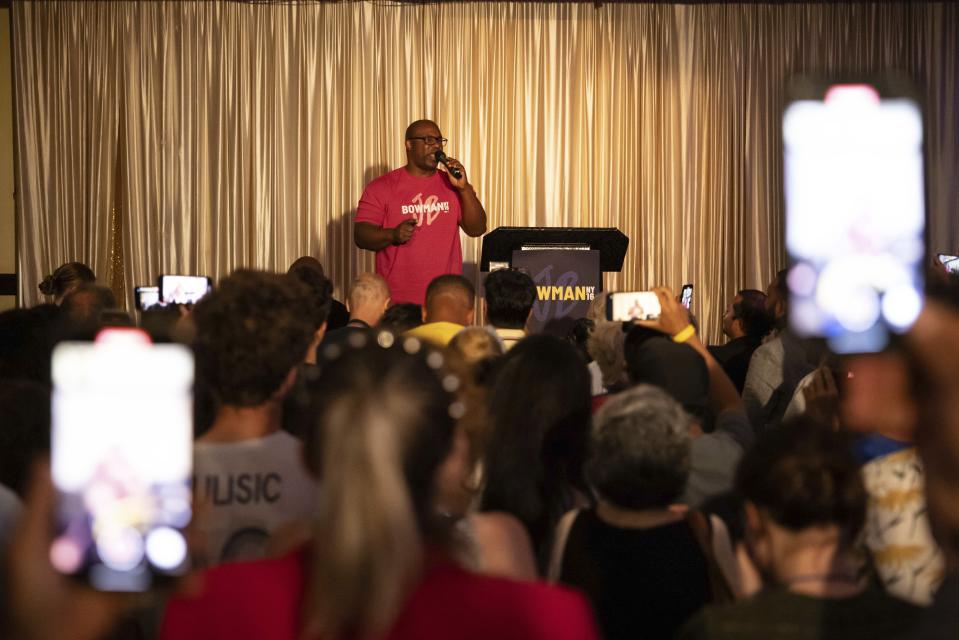 Rep. Jamaal Bowman, D-N.Y. speaks during an election night watch party on Tuesday, June 25, 2024, in Yonkers, N.Y. (AP Photo/Yuki Iwamura)