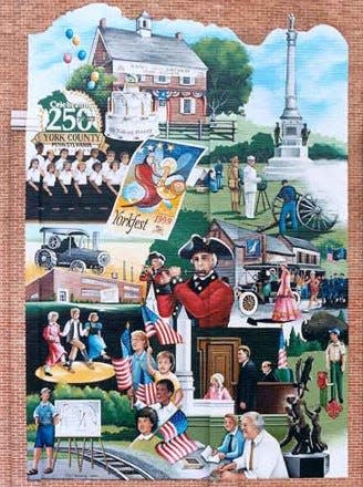 This mural was dedicated to the 250th anniversary of York County in 1999. And at its centerpiece is an American Revolution theme, pointing to the importance of that war in the county’s history.