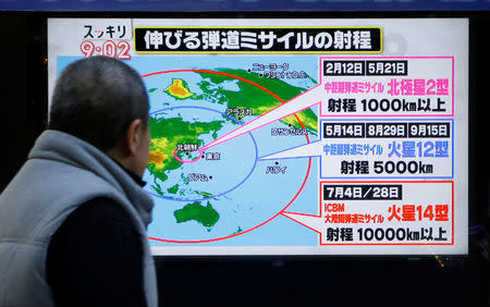 A man looks at a street monitor showing a news report about North Korea's missile launch, in Tokyo, Japan, November 29, 2017. REUTERS/Toru Hanai