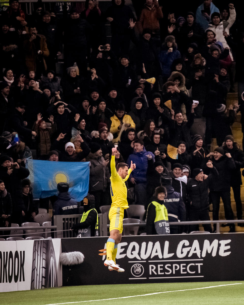 ASTANA, KAZAKHSTAN - NOVEMBER 28: Dmitri Shomko of FK Astana celebrates scoring their first goal during the UEFA Europa League group L match between FK Astana and Manchester United at Astana Arena on November 28, 2019 in Astana, Kazakhstan. (Photo by Ash Donelon/Manchester United via Getty Images)