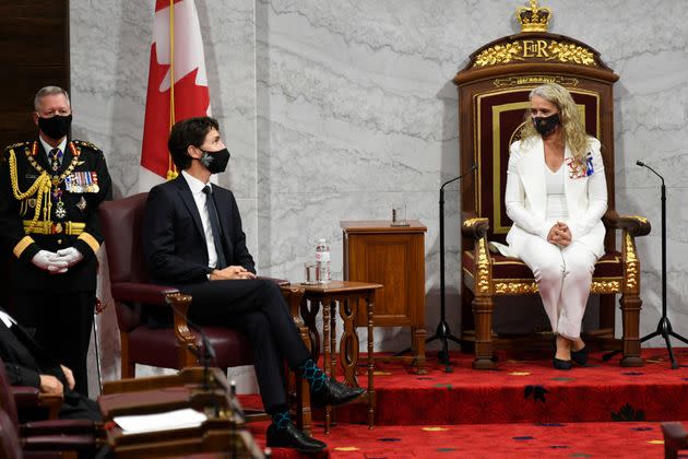 Gov. Gen. Julie Payette and Prime Minister Justin Trudeau wait during the throne speech in the Senate chamber in Ottawa on Wednesday.