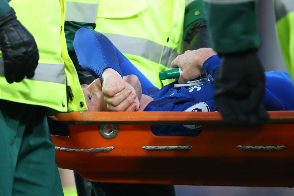 James McCarthy is stretchered off after breaking his leg against West Brom. (Getty)