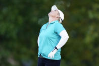 Brittany Lincicome reacts to her tee shot on the fifth hole during the first round of the KPMG Women's PGA Championship golf tournament at the Aronimink Golf Club, Thursday, Oct. 8, 2020, in Newtown Square, Pa. (AP Photo/Matt Slocum)