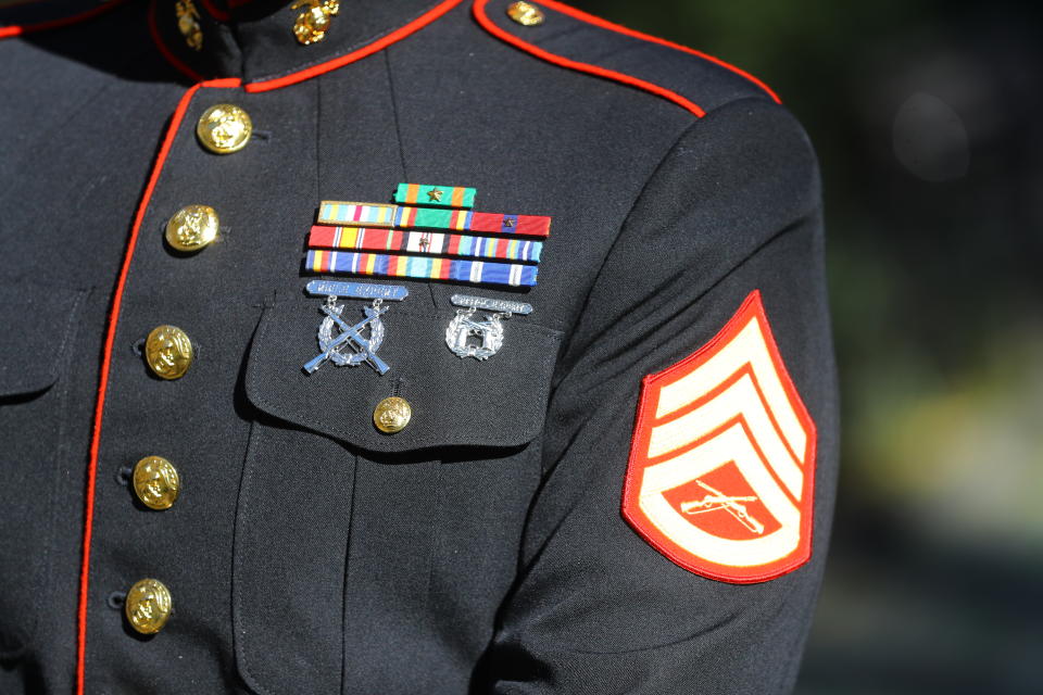 <p>A close-up of the ribbons worn by a member of the Marine Corps during the Veterans Day parade in New York City on Nov. 11, 2017. (Photo: Gordon Donovan/Yahoo News) </p>