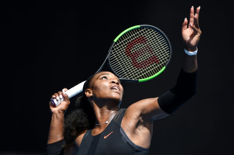 Serena Williams of the US serves against Czech Republic's Barbora Strycova during their women's singles fourth round match on day eight of the Australian Open tennis tournament in Melbourne on January 23, 2017