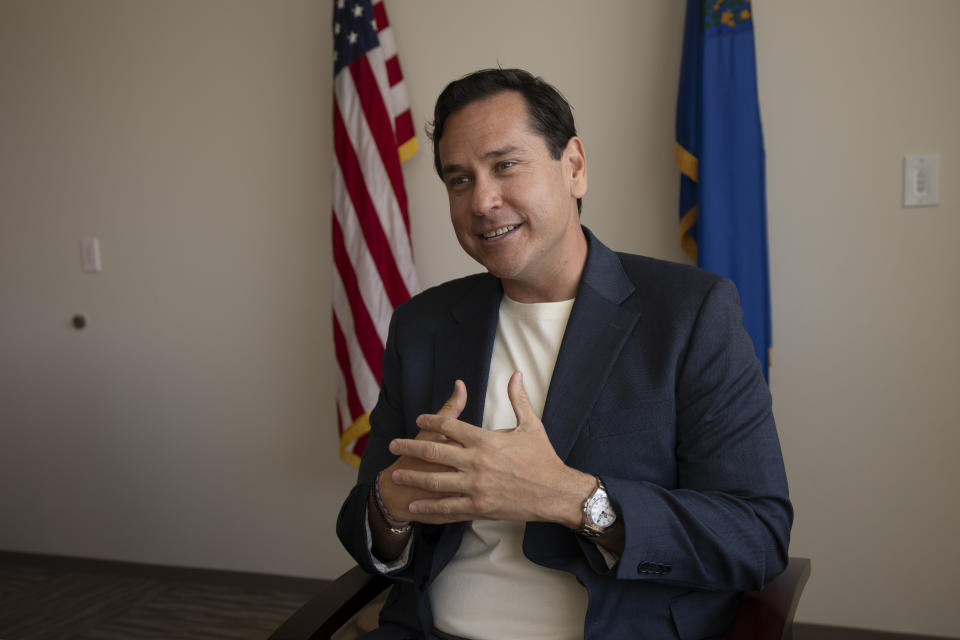 Nevada Secretary of State Cisco Aguilar speaks during an interview with The Associated Press in Las Vegas, Thursday, May 16, 2024. The use of electronic balloting has been quietly expanding in recent years to cover the disabled and, in Nevada this year, Native American tribes. Election security experts are warning of the risk that ballots submitted on a computer can be digitally intercepted or manipulated. (AP Photo/Serkan Gurbuz)