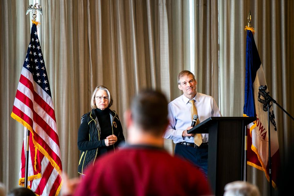 U.S. Rep. Jim Jordan, R-Ohio, right, listens to a question from the audience during a campaign fundraiser for U.S. Rep. Mariannette Miller-Meeks, R-Iowa, Saturday, Feb. 18, 2023, at the Courtyard By Marriott Iowa City-University Heights in University Heights, Iowa.