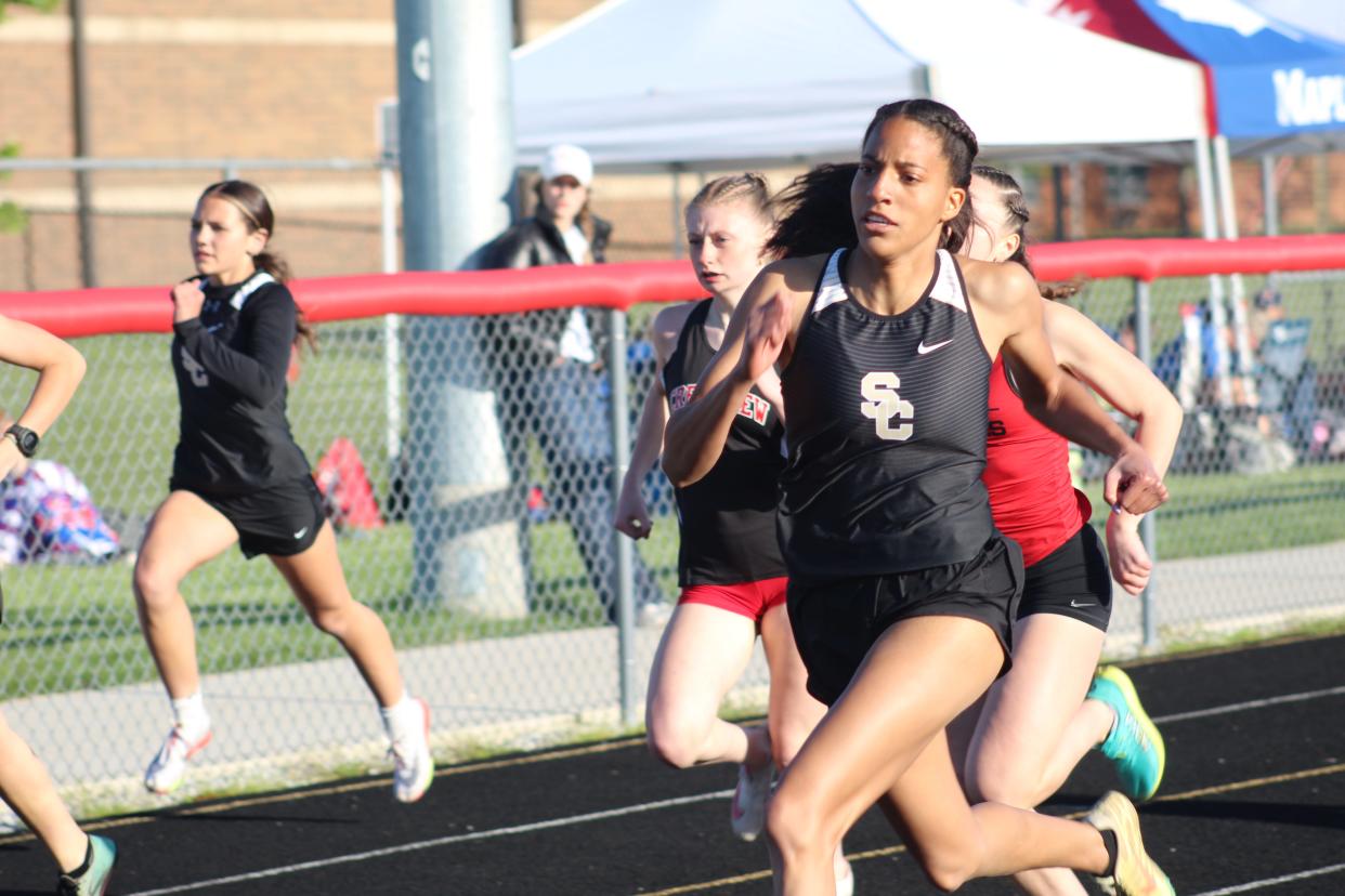 South Central's Angela Williams swept all three individual sprint events in back-to-back years at the Firelands Conference track meet.