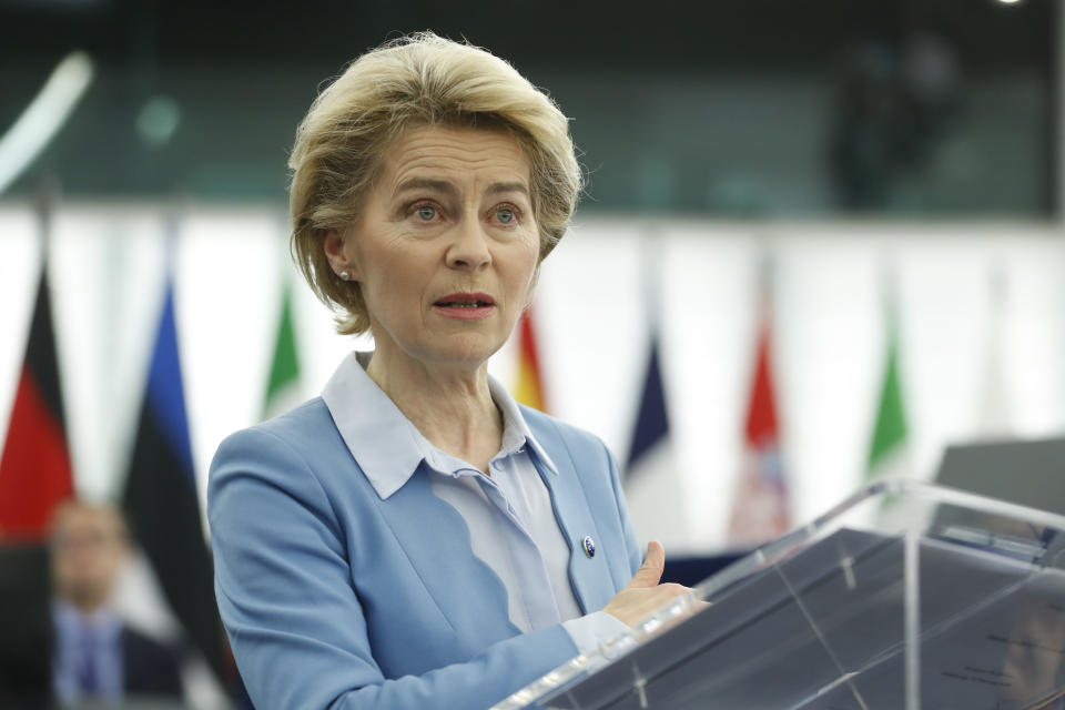 European Commission President Ursula von der Leyen delivers her speech during a debate on a proposed mandate for negotiations for a new partnership with the United Kingdom of Great Britain and Northern Ireland, at the European Parliament in Strasbourg, eastern France, Tuesday, Feb.11, 2020. (AP Photo/Jean-Francois Badias)