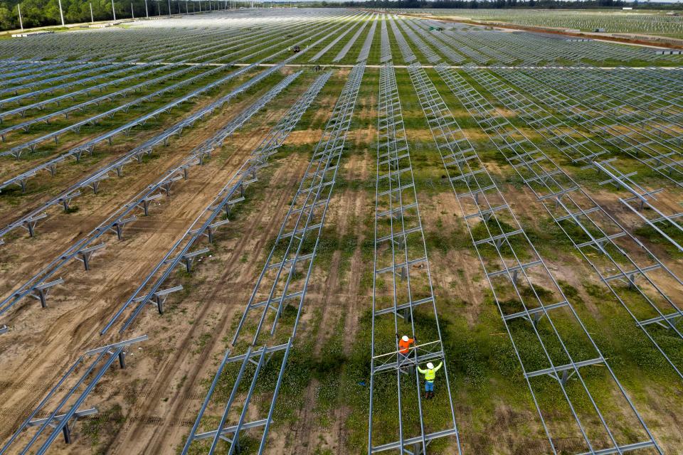 Crates of solar panels manufactured in Ohio are in place and later installed at FPL's Hibiscus Solar Energy Center that sits on 400 acres of land on Westlake's west side October 23, 2019.