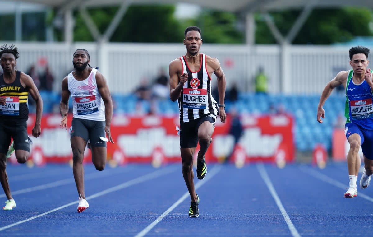 Zharnel Hughes won his 100m heat in Manchester on Friday (Martin Rickett/PA) (PA Wire)