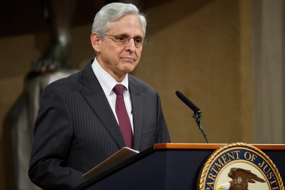 Attorney General Merrick Garland delivers remarks during an event to mark the first anniversary of the COVID-19 Hate Crimes Act at the Department of Justice Robert F. Kennedy Building on Friday.