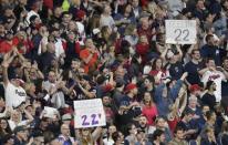 Sep 14, 2017; Cleveland, OH, USA; Fans hold signs in the eighth inning of a game between the Cleveland Indians and the Kansas City Royals at Progressive Field. Mandatory Credit: David Richard-USA TODAY Sports