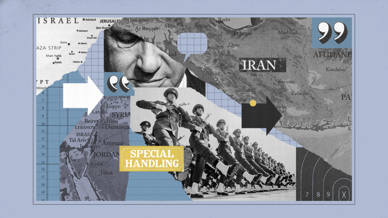  Photo collage of maps of the Middle East, Iranian soldiers and Benjamin Netanyahu. 