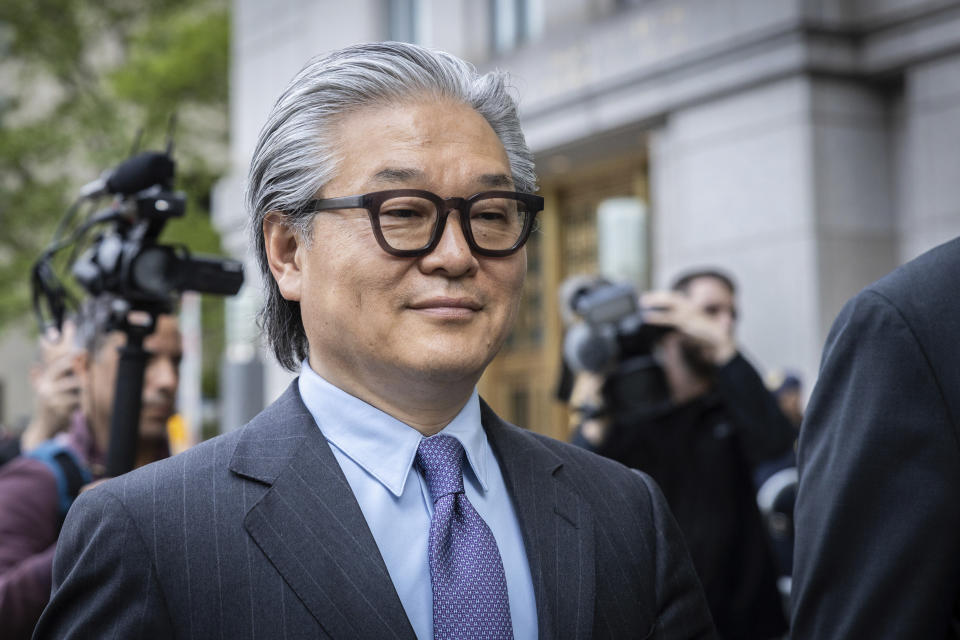 Bill Hwang, founder of Archegos Capital Management, leaves Manhattan federal court after the first day of his corruption trial, Monday, May, 13, 2024, in New York. (AP Photo/Stefan Jeremiah)