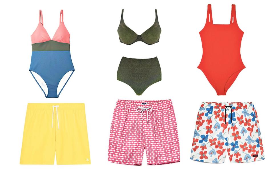 From top left to right: Colourblock swimsuit, £75, Boden; Bikini top, £140, and bottoms, £90, Form and fold; Ribbed swimsuit, £49, Cos. From bottom left to right: Plain swim shorts, £58, Reiss; Recycled-plastic shorts, £120, Lovebrand; Floral shorts, £70, Wax London