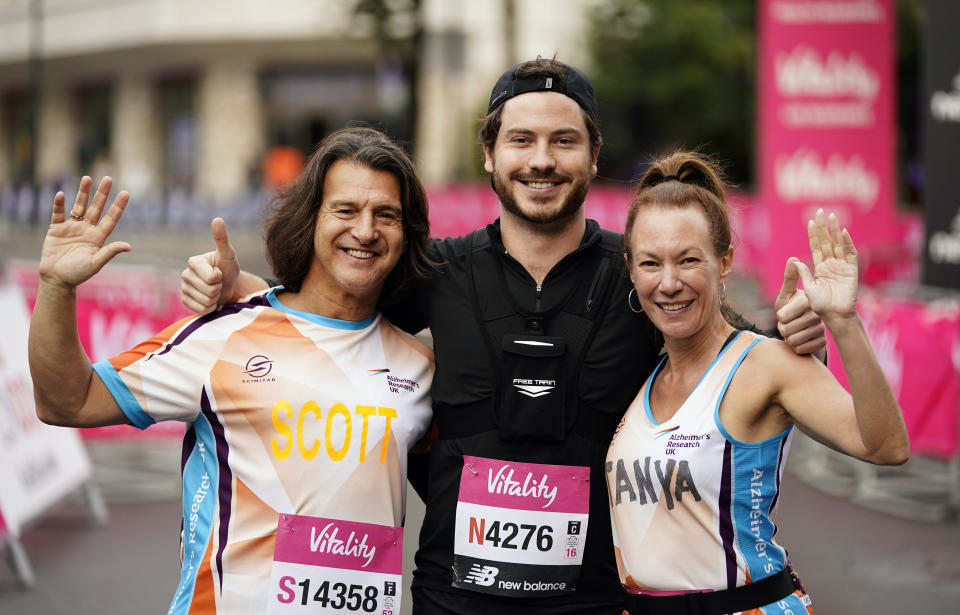 Scott Mitchell, Toby-Alexander Smith and Tanya Franks ahead of the Vitality Big Half, which runs from Tower Bridge to Greenwich, London. The 13.1 mile run was postponed from April 25 due to Covid-19. Picture date: Sunday August 22, 2021. (Photo by Aaron Chown/PA Images via Getty Images)